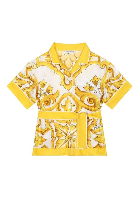 DOLCE & GABBANA KIDS Camicia In Twill Di Seta Con Stampa Maiolica Gialla - DOLCE & GABBANA KIDS