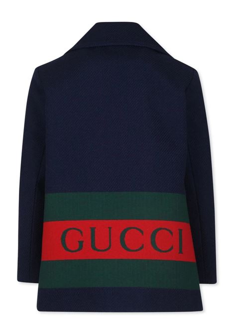 GUCCI KIDS Cappotto Blu Scuro Con Stampa Gucci Web Dietro - GUCCI KIDS