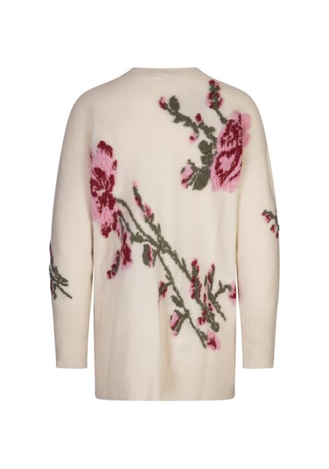 BLUMARINE Cardigan Over Bianco Con Rose Jacquard - BLUMARINE