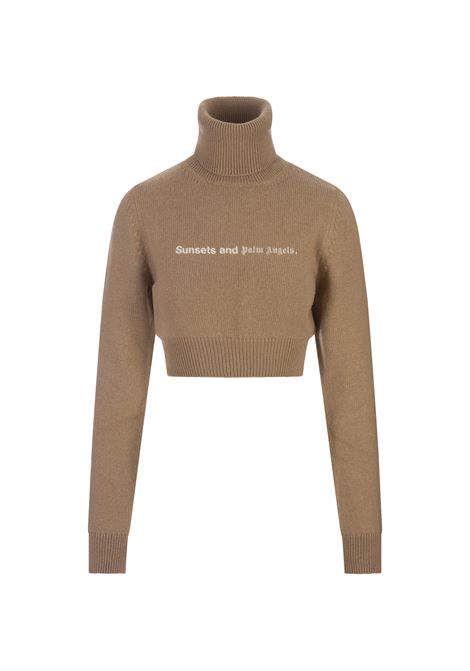 PALM ANGELS Dolcevita Crop Beige Con Slogan - PALM ANGELS