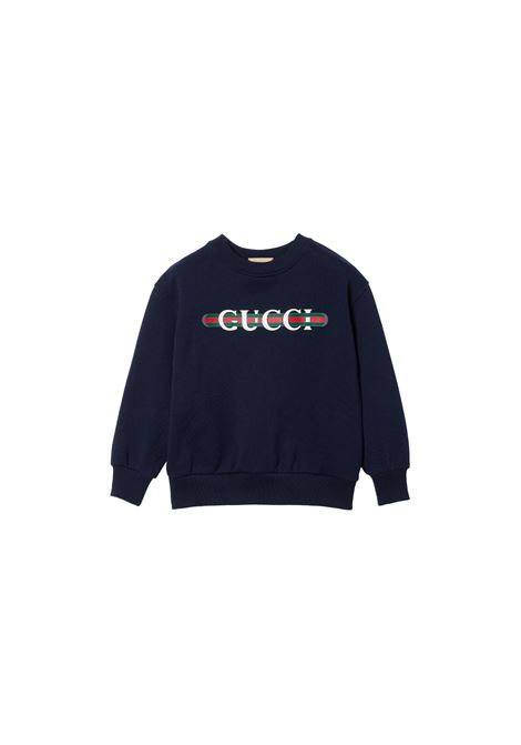 GUCCI KIDS Felpa Blu Scuro Con Stampa Gucci Web - GUCCI KIDS