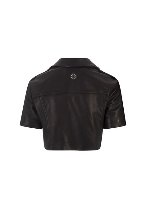 PHILIPP PLEIN Giacca Biker Crop In Pelle Nera Con Maniche Corte - PHILIPP PLEIN