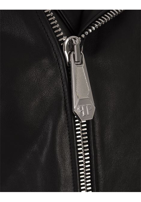 PHILIPP PLEIN Giacca Biker Crop In Pelle Nera Con Maniche Corte - PHILIPP PLEIN