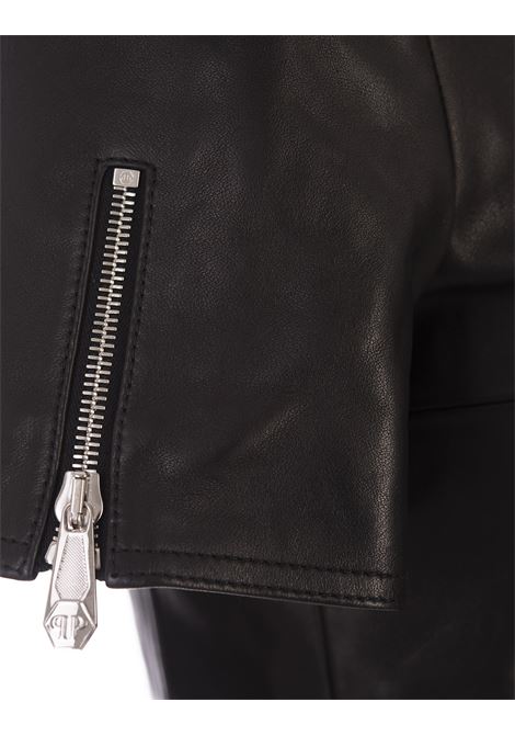 PHILIPP PLEIN Giacca Biker Crop In Pelle Nera Con Maniche Corte - PHILIPP PLEIN