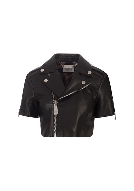 PHILIPP PLEIN Giacca Biker Crop In Pelle Nera Con Maniche Corte - PHILIPP PLEIN