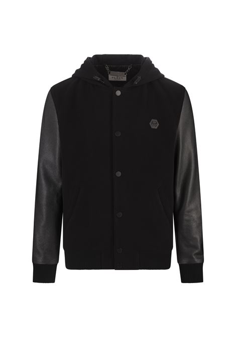 PHILIPP PLEIN Giacca-Felpa Con Cappuccio Nera Con Maniche In Pelle - PHILIPP PLEIN