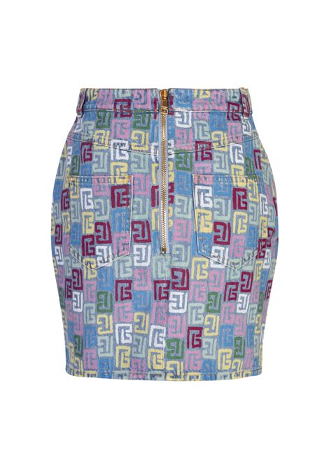 BALMAIN Gonna Corta In Denim Con Motivo Monogramma - BALMAIN