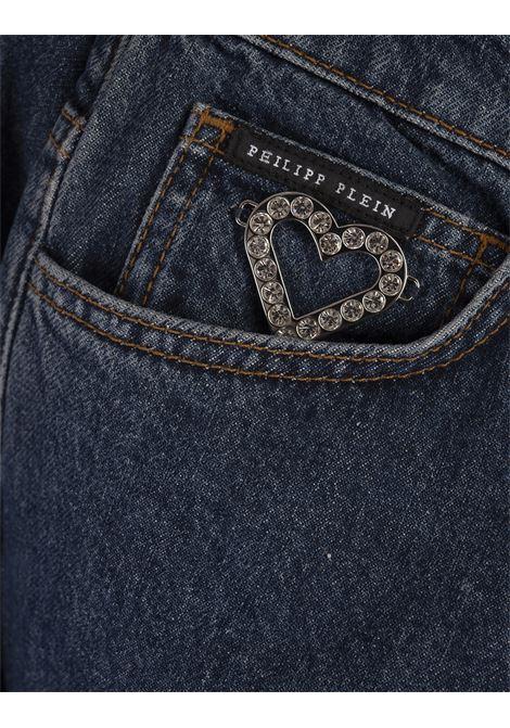 PHILIPP PLEIN Jeans Crystal Heart Denim Mom Fit In Deep Sea Blue - PHILIPP PLEIN