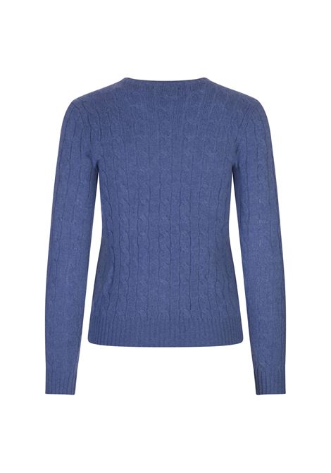 RALPH LAUREN Maglia A Trecce In Lana E Cashmere Blu Porto Melange - RALPH LAUREN