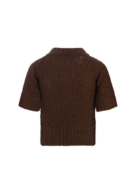 ERMANNO SCERVINO Maglia Crop A Maniche Corte Marrone Con Cristalli - ERMANNO SCERVINO