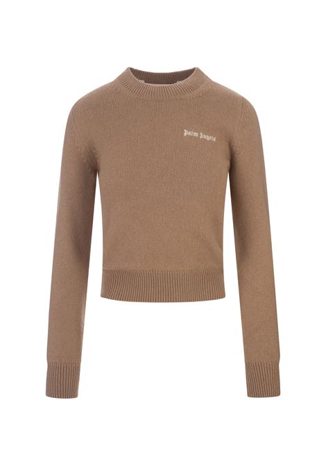 PALM ANGELS Maglione Cammello Con Logo a Contrasto - PALM ANGELS