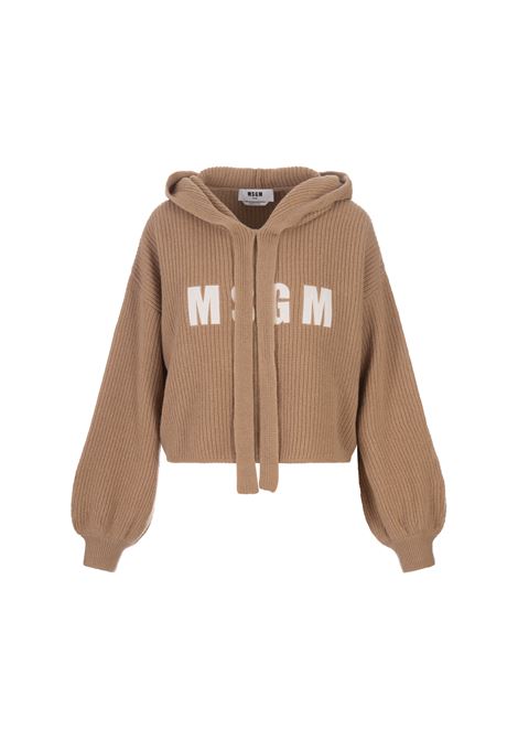 MSGM Maglione Con Cappuccio In Lana e Cashmere Biscotto - MSGM