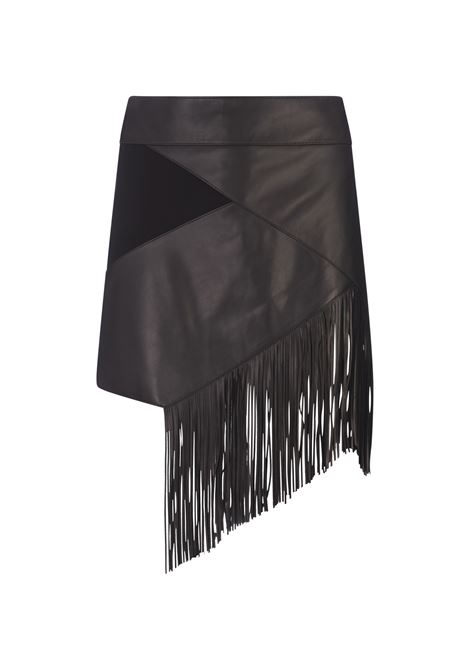 ROBERTO CAVALLI Minigonna In Pelle Nera Con Frange - ROBERTO CAVALLI