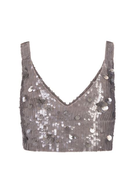 PAROSH Top Crop Full Paillettes Glow Grigio - PAROSH