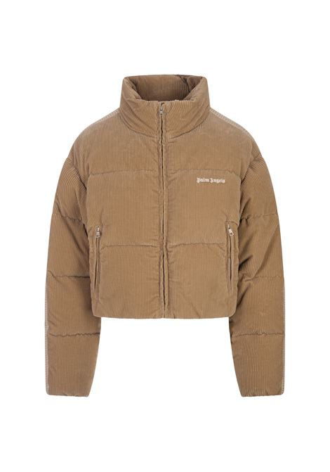 PALM ANGELS Piumino Corto In Velluto a Coste Beige Con Logo - PALM ANGELS