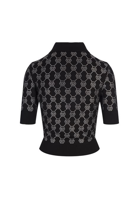 PHILIPP PLEIN Polo In Maglia Nera Con Monogram Di Strass - PHILIPP PLEIN