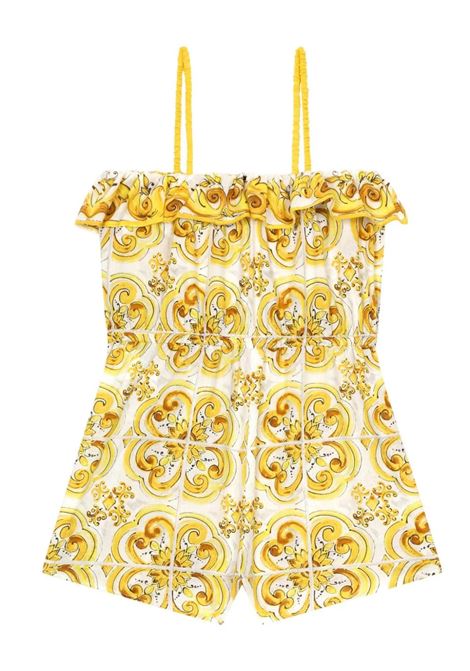 DOLCE & GABBANA KIDS Salopette Con Stampa Maiolica Gialla - DOLCE & GABBANA KIDS