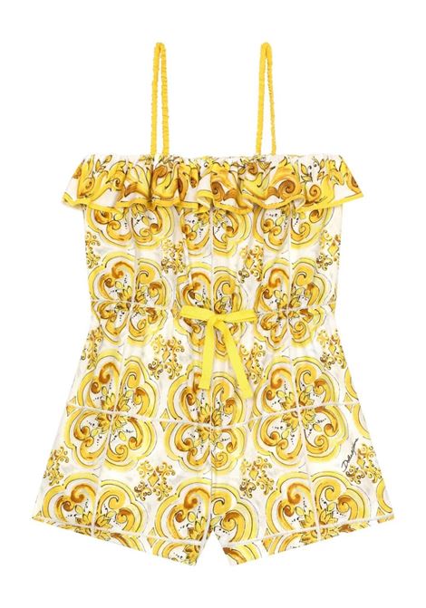 DOLCE & GABBANA KIDS Salopette Con Stampa Maiolica Gialla - DOLCE & GABBANA KIDS