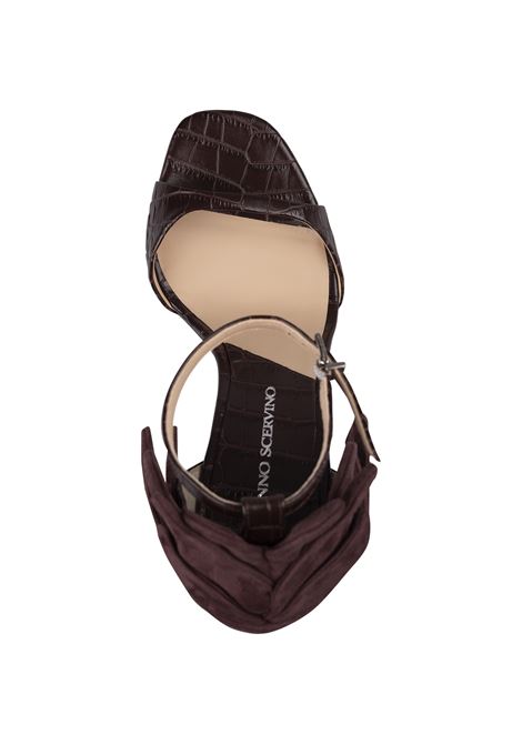 ERMANNO SCERVINO Sandali In Pelle Effetto Coccodrillo Marrone Con Dettaglio Fiore - ERMANNO SCERVINO