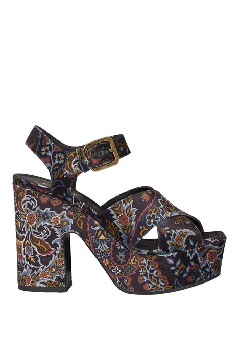 ETRO Sandali Platform In Velluto Nero Stampato - ETRO