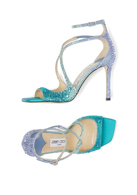 JIMMY CHOO Sandalo Azia 95 Blu Pavone Con Cristalli - JIMMY CHOO