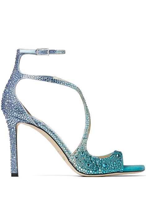 JIMMY CHOO Sandalo Azia 95 Blu Pavone Con Cristalli - JIMMY CHOO