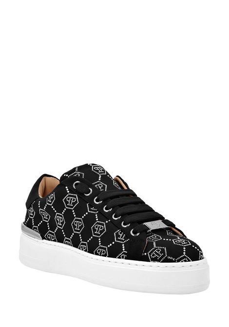 PHILIPP PLEIN Satin Low-Top Sneakers Strass Monogram Nere - PHILIPP PLEIN
