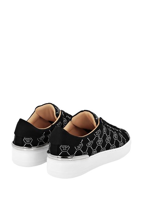 PHILIPP PLEIN Satin Low-Top Sneakers Strass Monogram Nere - PHILIPP PLEIN