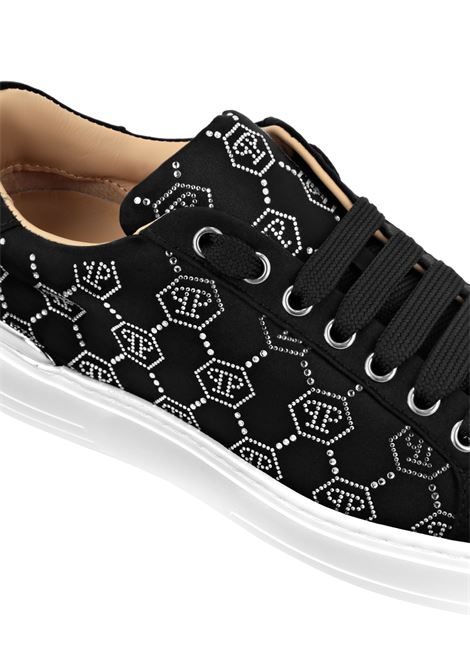 PHILIPP PLEIN Satin Low-Top Sneakers Strass Monogram Nere - PHILIPP PLEIN
