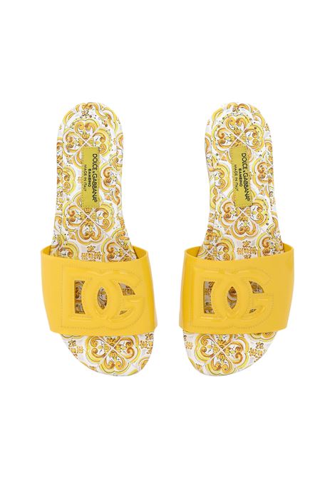 DOLCE & GABBANA KIDS Slide In Pelle Gialla Con Logo DG E Stampa Maiolica - DOLCE & GABBANA KIDS