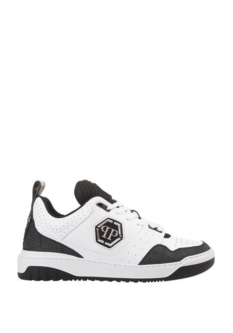 PHILIPP PLEIN Sneakers Low-Top Bianche e Nere In Pelle Stampata Coccodrillo - PHILIPP PLEIN