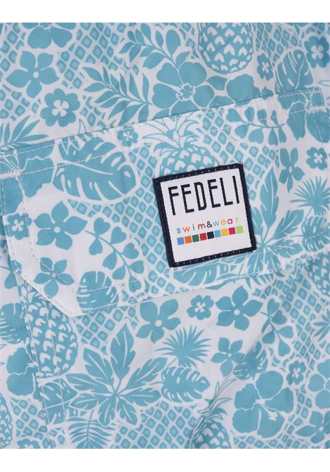 FEDELI Swim Shorts Azzurro Cielo Con Pattern Tropicale - FEDELI