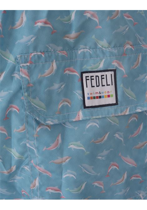 FEDELI Swim Shorts Celesti Con Pattern Delfini Colorati - FEDELI