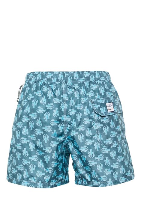 FEDELI Swim Shorts Petrolio Con Pattern Aragoste - FEDELI