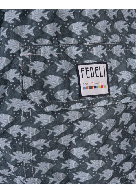 FEDELI Swim Shorts Petrolio Con Pattern Pesci - FEDELI