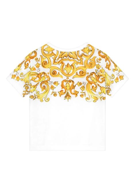 DOLCE & GABBANA KIDS T-Shirt Bianca Con Stampa Maiolica Gialla E Logo DG - DOLCE & GABBANA KIDS