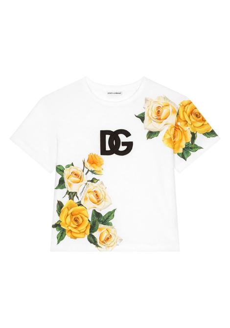 DOLCE & GABBANA KIDS T-Shirt Con Logo DG e Stampa Rose Gialle - DOLCE & GABBANA KIDS