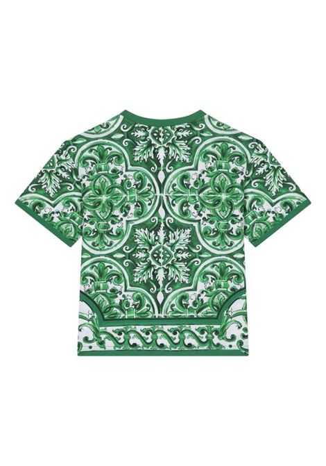 DOLCE & GABBANA KIDS T-Shirt Con Stampa Maiolica Verde All-Over - DOLCE & GABBANA KIDS