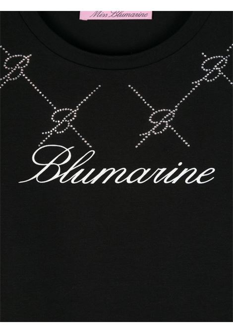 MISS BLUMARINE KIDS T-Shirt Nera Con Logo Di Strass E Motivo Monogram - MISS BLUMARINE KIDS