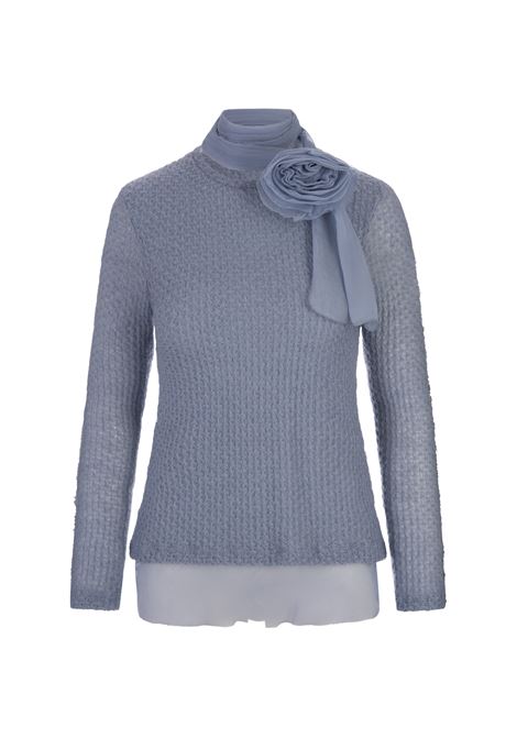 ERMANNO SCERVINO Top a Maniche Lunghe Azzurro Con Fiore In Seta - ERMANNO SCERVINO