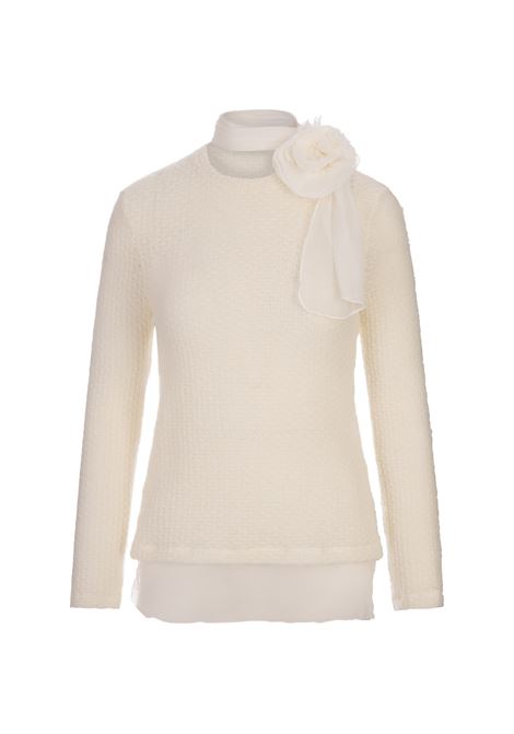 ERMANNO SCERVINO Top a Maniche Lunghe Bianco Con Fiore In Seta - ERMANNO SCERVINO