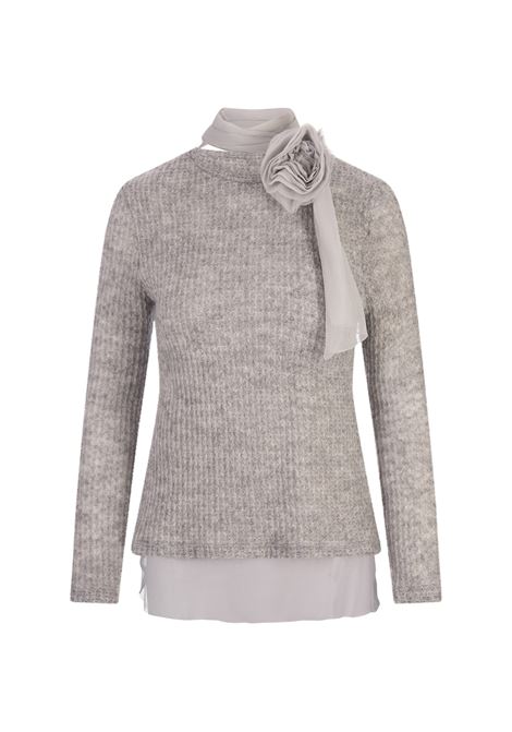 ERMANNO SCERVINO Top a Maniche Lunghe Grigio Con Fiore In Seta - ERMANNO SCERVINO