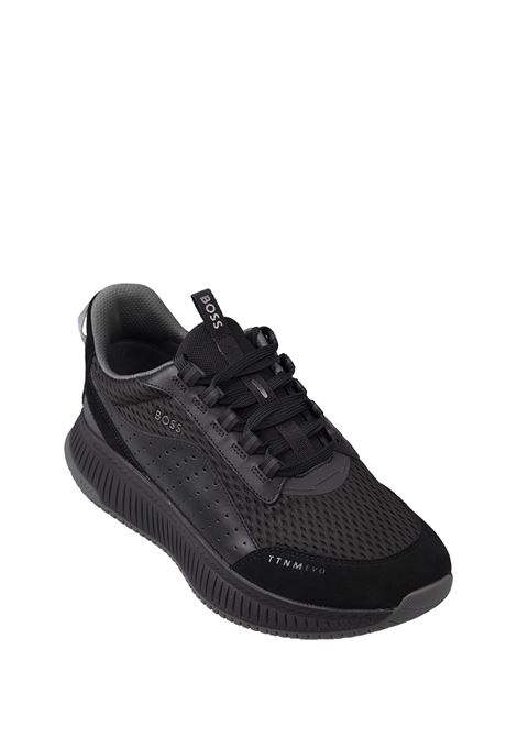 BOSS TTNM EVO Sneakers Nere In Pelle Liscia E Scamosciata E Mesh Con Suola A Spina Di Pesce - BOSS