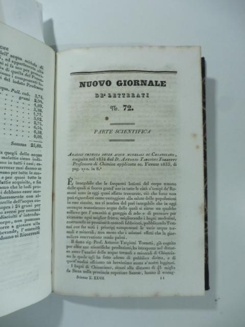 Abebooks Analisi chimica delle acque minerali di Chianciano eseguita nel 1832 dal D. A. Targioni Tozzetti.Firenze 1833. (Stralcio da: Nuovo giornale de' letterati. N. 72. 1833)