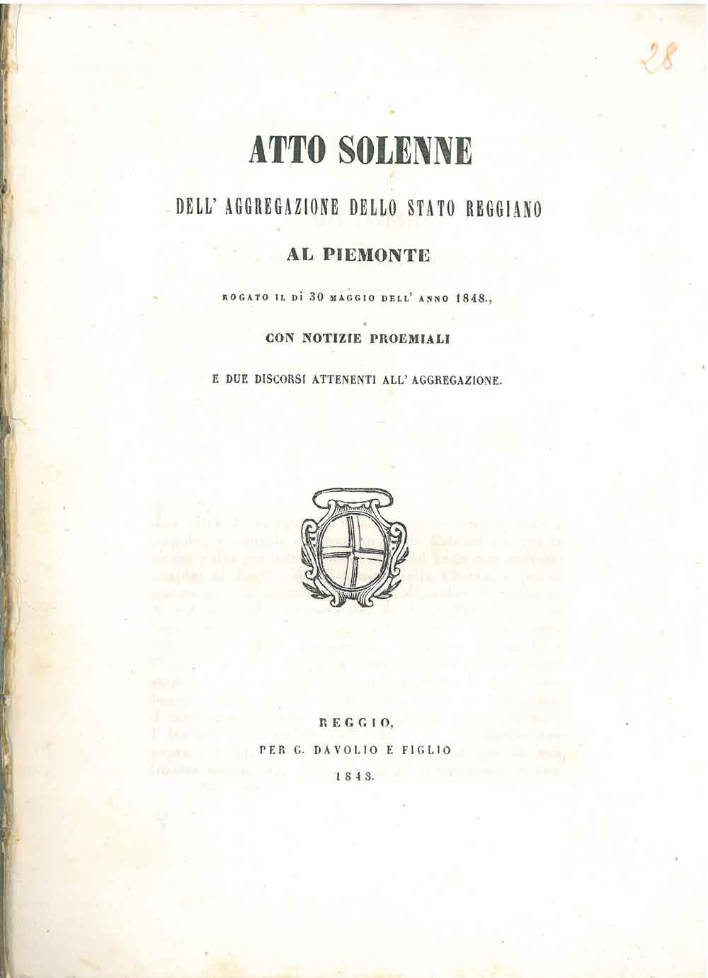 Abebooks Atto solenne dell'aggregazione dello stato reggiano al Piemonte rogato il di 30 maggio dell'anno 1848. Con notizie proemiali e due discorsi attenenti all'aggregazione