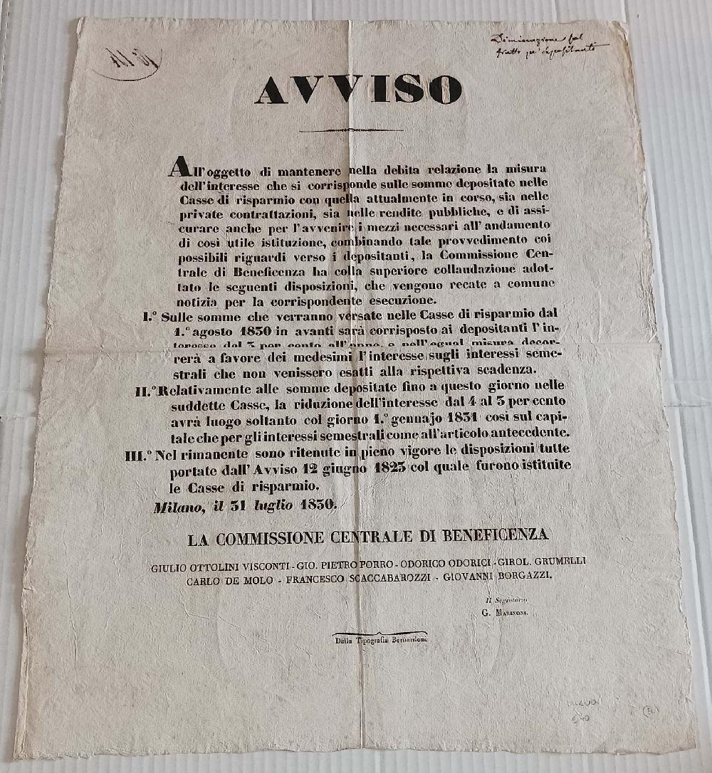 Abebooks AVVISO Interessi Somme Versate Casse Di Risparmio Bernardoni Milano 1830