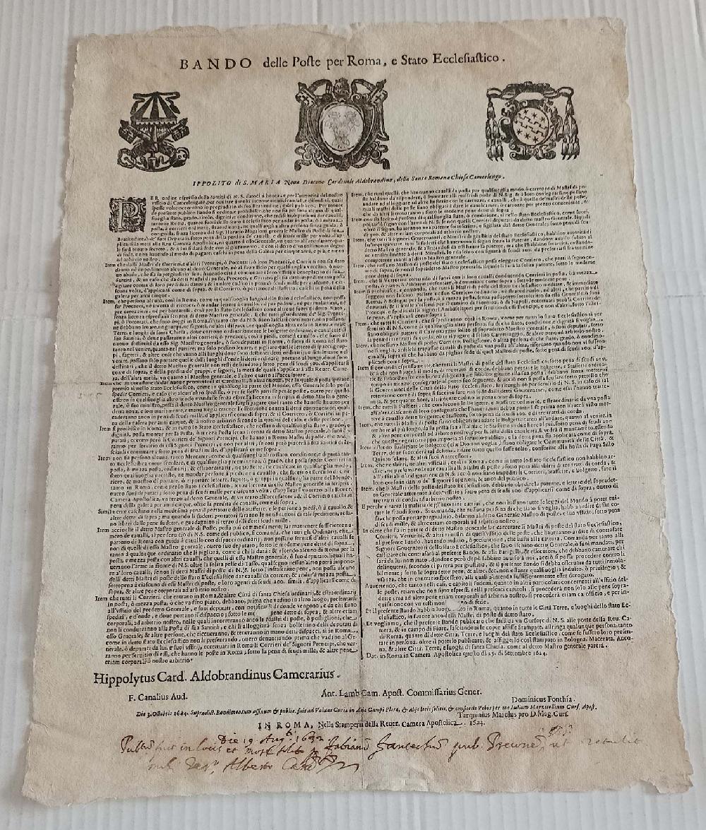 Abebooks Bando Delle Poste Per Roma E Stato Ecclesiastico Stamperia Apostolica 1624
