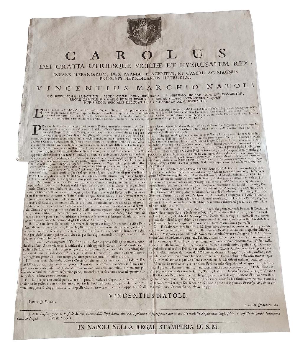 Abebooks Bando Licenza Caccia Natoli Real Stamperia Napoli 1755 Bosco Incoronata Foggia