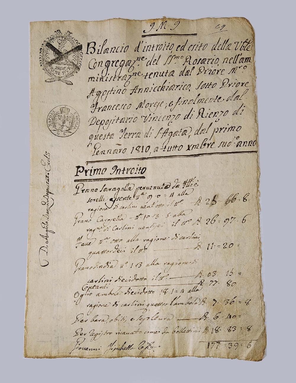 Abebooks BILANCIO DI INTROITO Congregazione del Santissimo Rosario dell'amministrazione tenuta dal Priore Agostino Annicchiarico sotto Priore Francesco Morge e finalmente dal Depositario Vincenzo di Arienzo della Terra di Sant'A