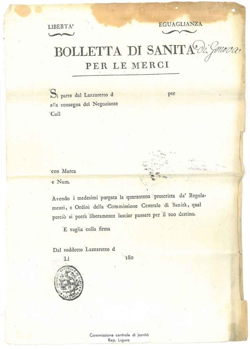 Abebooks Bolletta di Sanità di Genova per le merci. Si parte dal Lazzaretto di. per. alla consegna del Negoziante. Acendo i medesimi purgata la quarantena